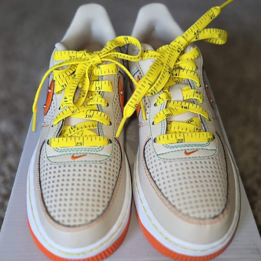 Nike Sneakers School Yard Edition. Vibrant Yellow Ruler Laces and Orange Soles